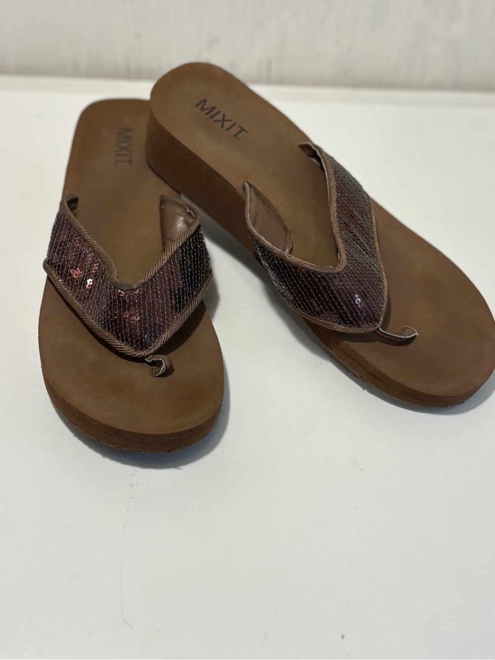 Mixit Brown Sequin Wedge Sandals